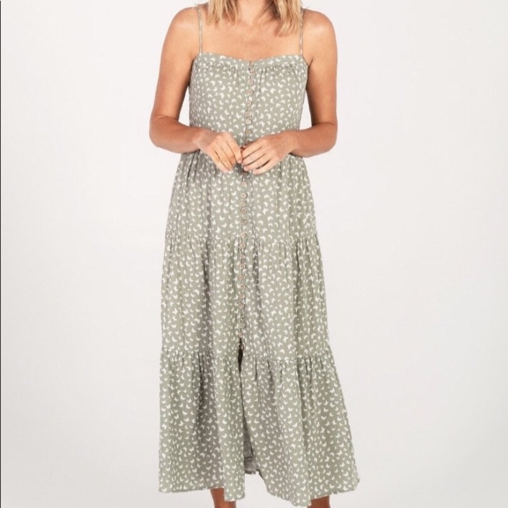Rylee + Cru Sage Green Tiered Maxi Dress with White Print